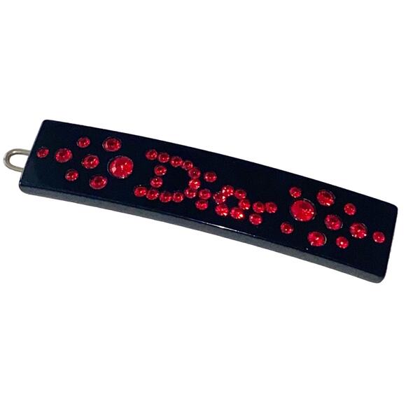 VTG Christian Dior Black Lucite Red Crystal Rhinestone Logo Hair Clip Barrette - Picture 12 of 12